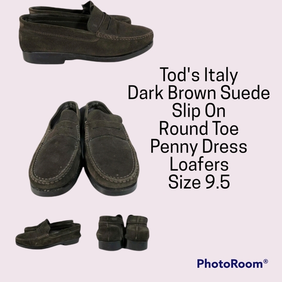 Tod's Italy Dark Brown Suede Slip On Round Toe Penny Dress Loafers 9.5 - Picture 2 of 6